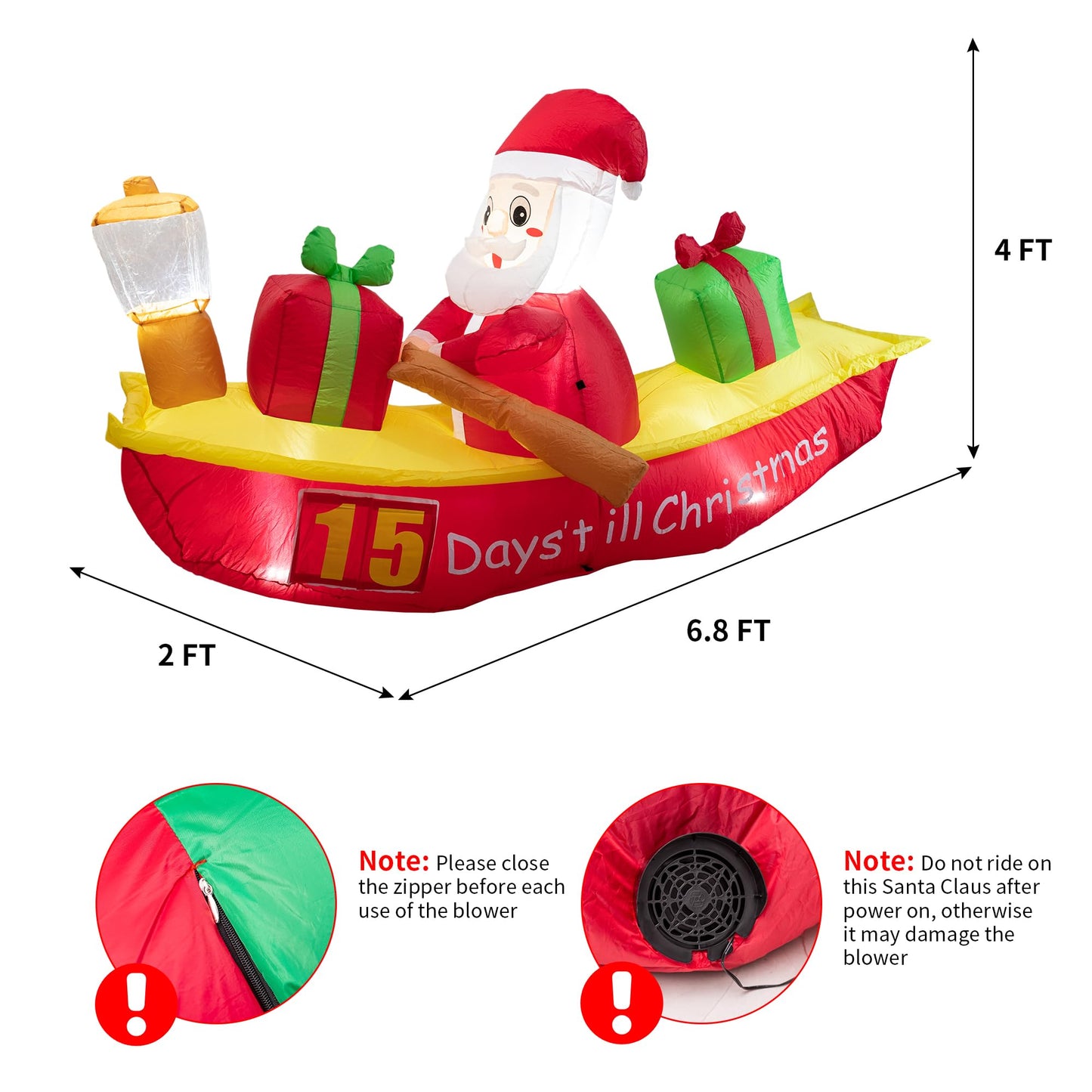 Inflatable Christmas Outdoor Decorations, 6.8 FT Countdown Xmas Inflatables Rowing Santa Claus, Lighted Blow Up Holiday Inflatable Replaceable Numbers for Outdoor Indoor Lawn and Garden.