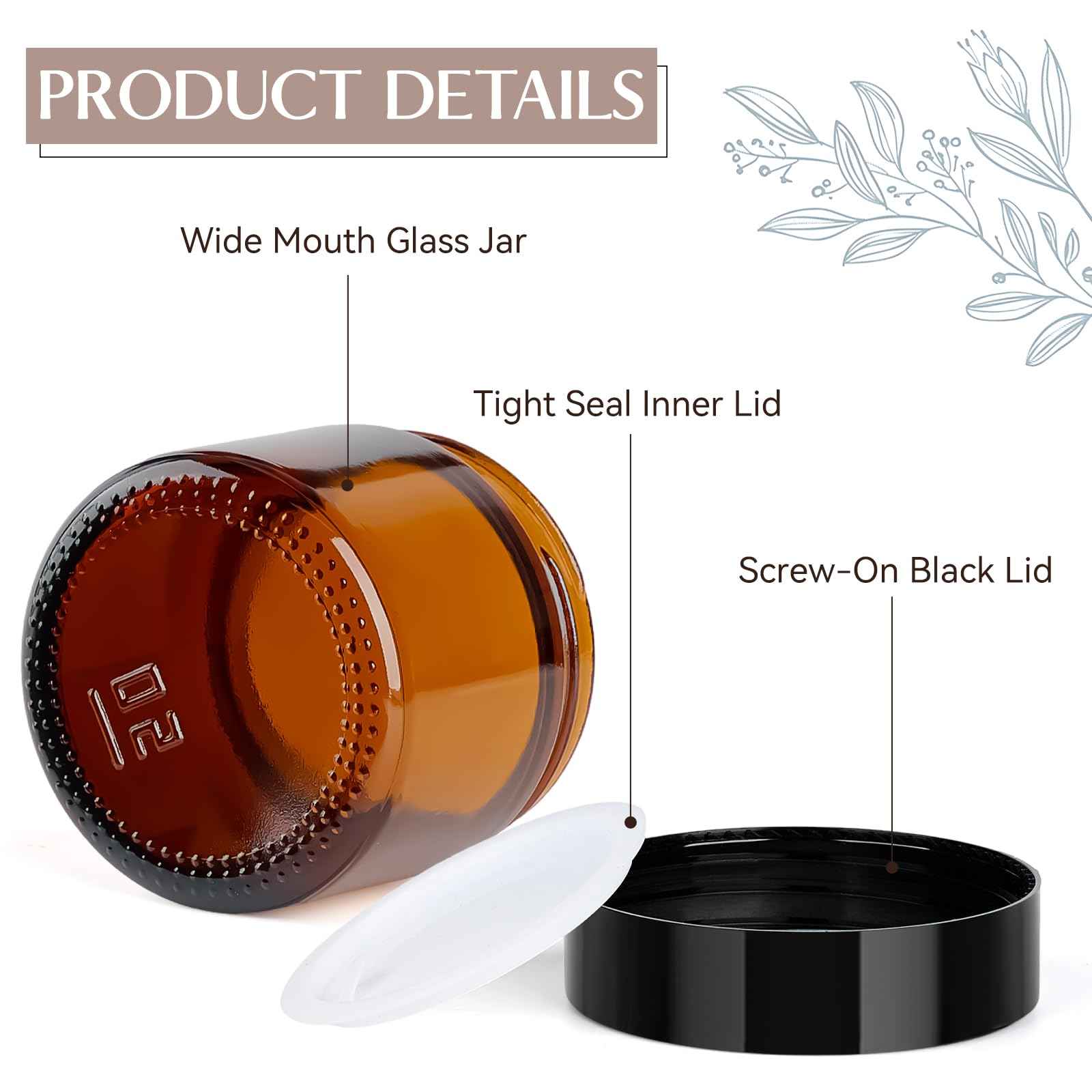 Qeirudu 2 Oz Small Amber Glass Jars with Black Lids, 24 Pack Airtight Cosmetic Jars with Inner Liners Round Empty Sample Containers for Lotions, Creams, Candles, Body Butters, Essential oil