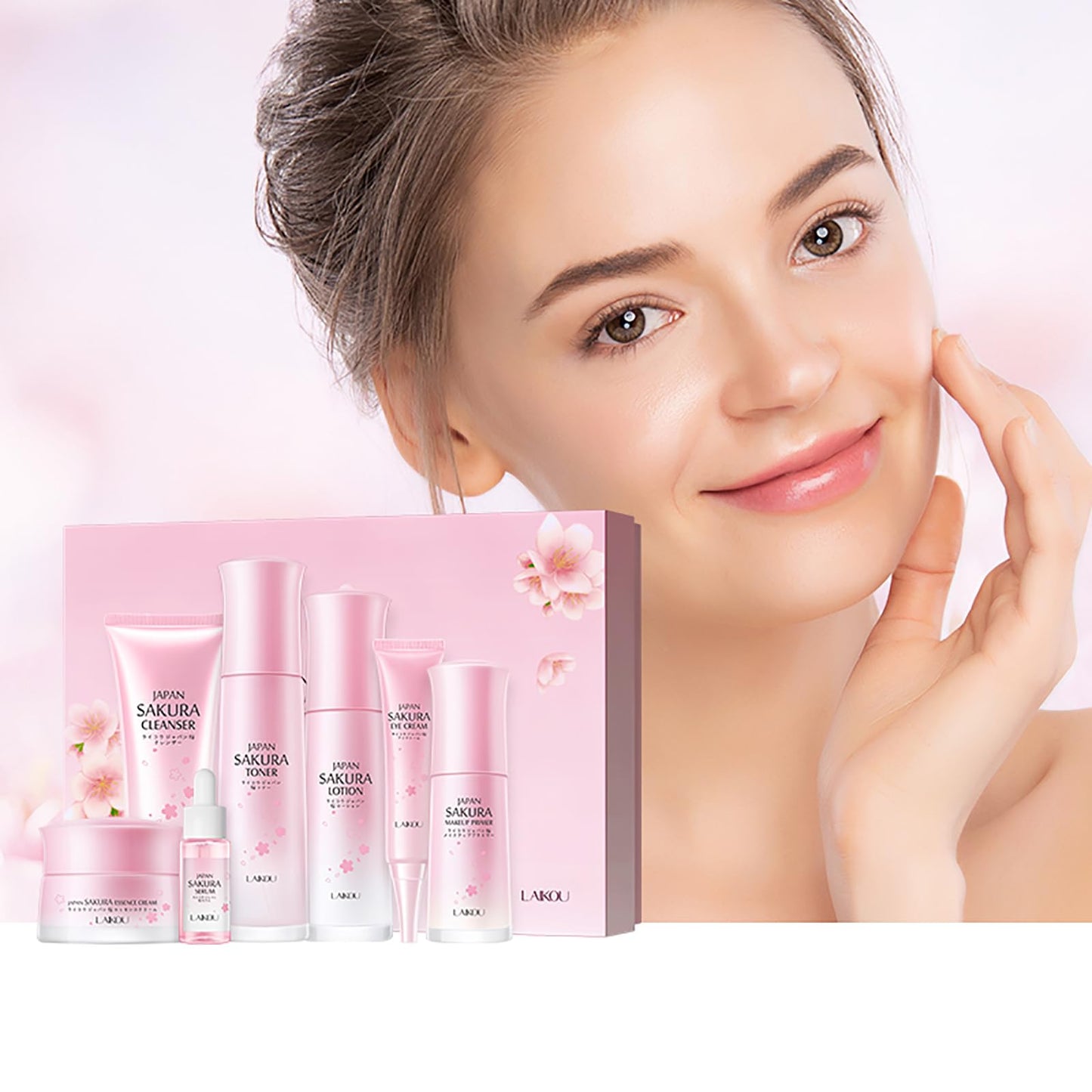 Skin Care Set JAPAN SAKURA Beauty Gift Sets Skin Care Kit with Cleanser, Toner, Lotion, Serum, Eye Cream, Face Cream, Make up Primer Travel Kit for Women Wife Mom 7pcs