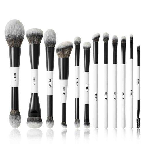 BEILI Makeup Brushes 12 Pieces 18 In 12 Double-Sided Contour Foundation Highlight Blush Brush Eyeshadow Eyeliner Concealer Brush Black and White Suitable for Travel, Gifts, Makeup Lovers
