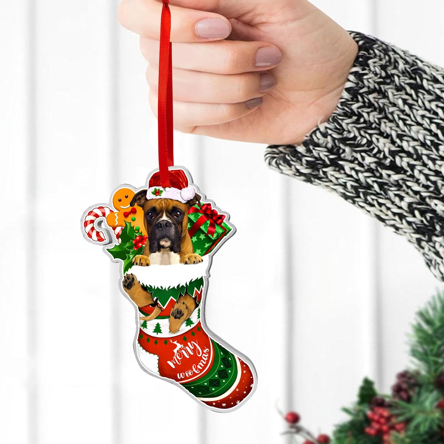 COUPLE FOX Boxer Dog Ornaments Christmas Tree, Boxer Red Sock Aluminum Ornament (NOT 3D), Christmas Decoration 2023 for Boxer Lovers, Dog Mom, Dog Dad, Pet Lovers