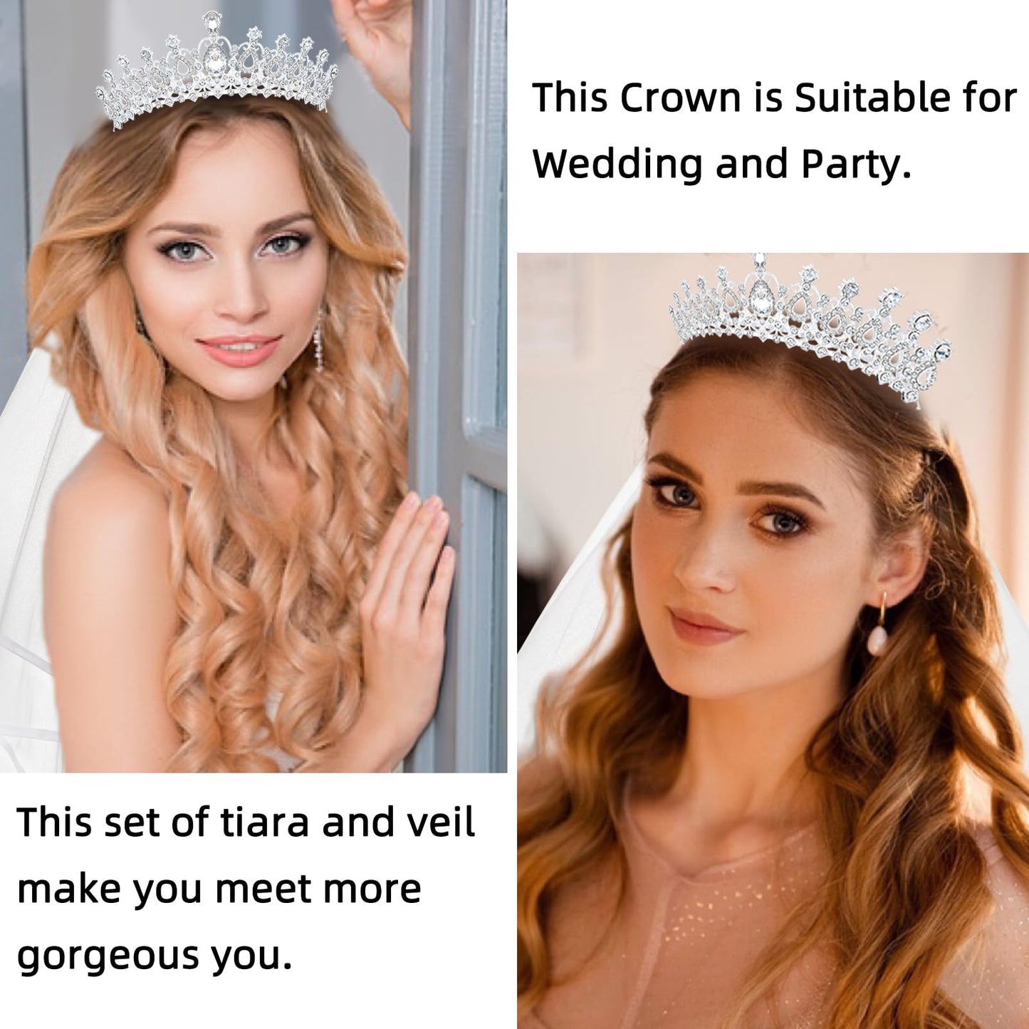 KICOSY Hairband Tiara, Sliver Wedding Crown for Women and Girls, Bridal Veils Bridal Headband Hair Accessories, Crystal Crown for Bachelorette Bridal Party, 2 Pieces Set