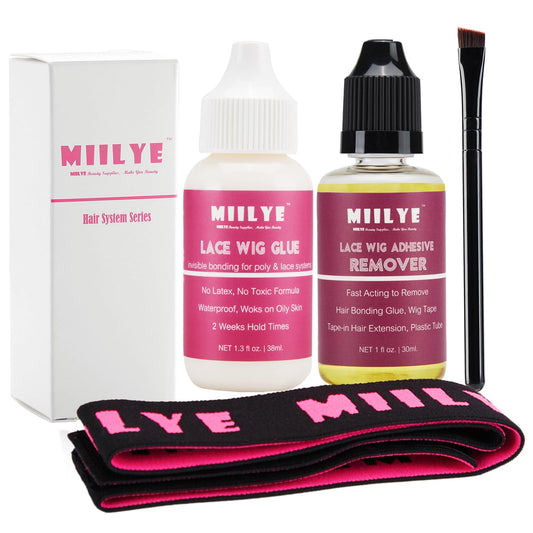 MIILYE Wig Glue for Front Lace Wig and Lace Glue Remover Set, Invisible Waterproof Hair Replacement Bonding Glue + Solvent + Lace Melting Band + Glue Application Brush