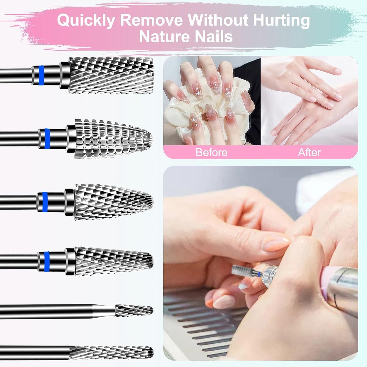 6Pcs Nail Drill Bits Set Professional, 3/32'' Electric Nail Drill Bits for Acrylic Gel Nails, Cuticle Nail Drill Bit Quick Gel Polish Remover Manicure Pedicure Tools with Cleaning Brush (Blue)