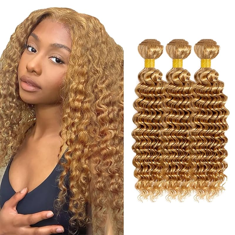 Honey Blonde Deep Wave Hair Bundles 22-26 Inch Virgin Remy