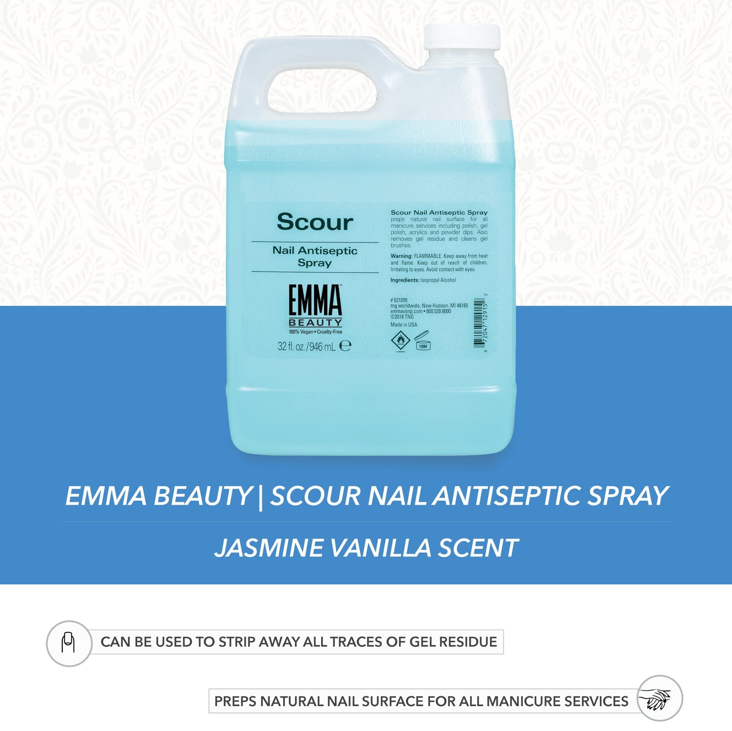 EMMA Beauty Scour Nail Antiseptic Spray, Nail Surface Cleanser and Cleaning Solution, 12+ Free Formula, 100% Vegan & Cruelty-Free, 32 oz.