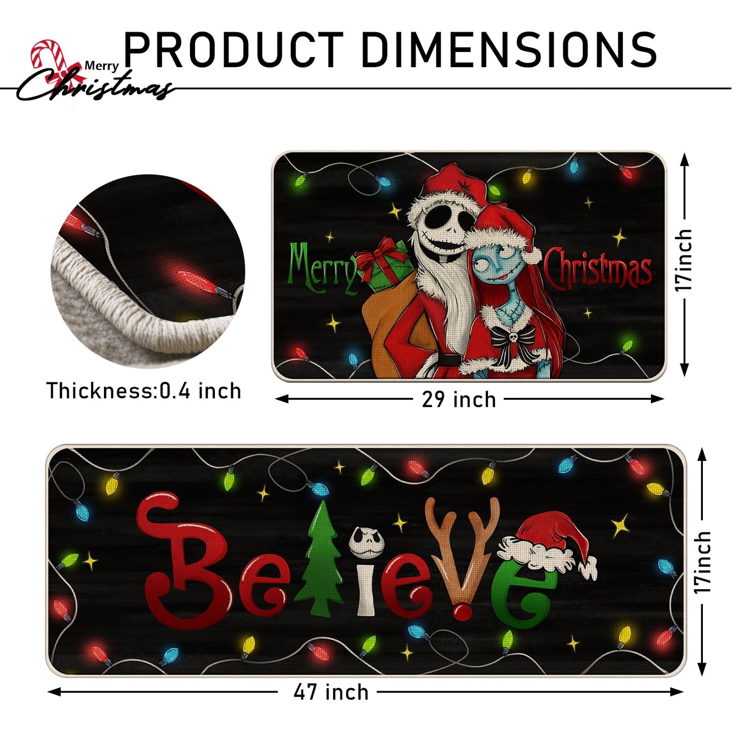 Tailus Merry Christmas Believe Kitchen Rugs Set of 2, Xmas Jack Skellington Sally Black Kitchen Mats Decor, Funny Holiday Floor Door Mat Home Decorations -17x29 and 17x47 Inch