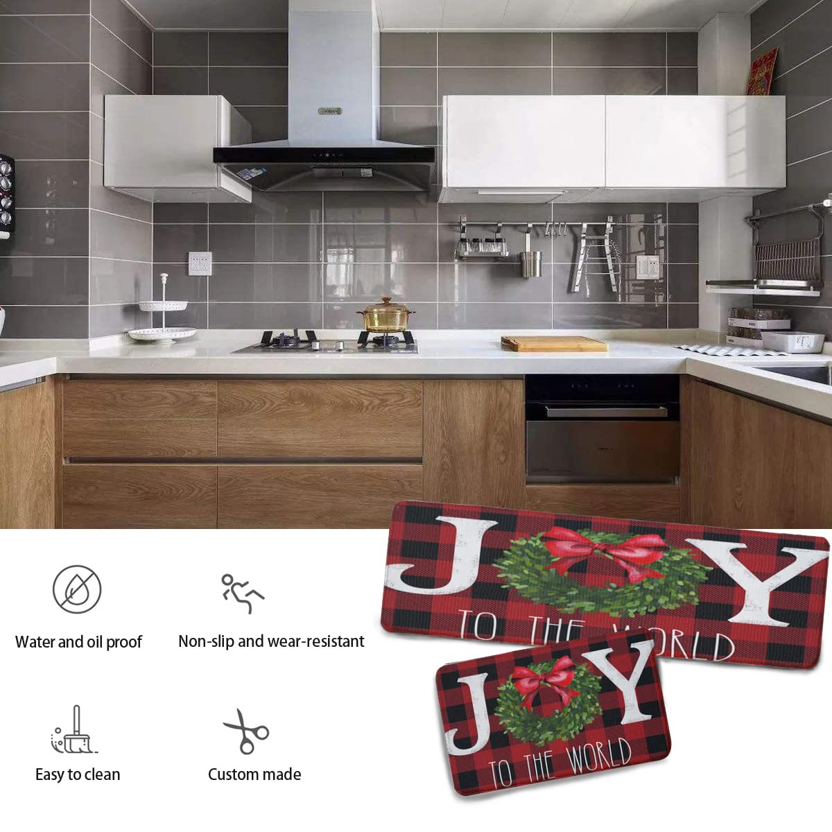 XUMING Christmas Kitchen Rugs [2 PCS] Joy to World Christmas Charm Buffalo Plaid Winter Comfort Door Mat Anti-Fatigue Carpet Anti-Slip Carpet Washable Mat for Home(17.7''x 29.5''+17.7''x 59''), A-14