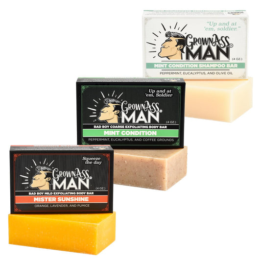 Grown Ass Man Co. Combo Packs - Solid Soap & Shampoo Bars Rich Lather with Natural Oils & Gentle Scrub for Men - Plastic Free & Eco-Friendly, Natural & Organic Deep Clean (Wake Up 3-Pack)