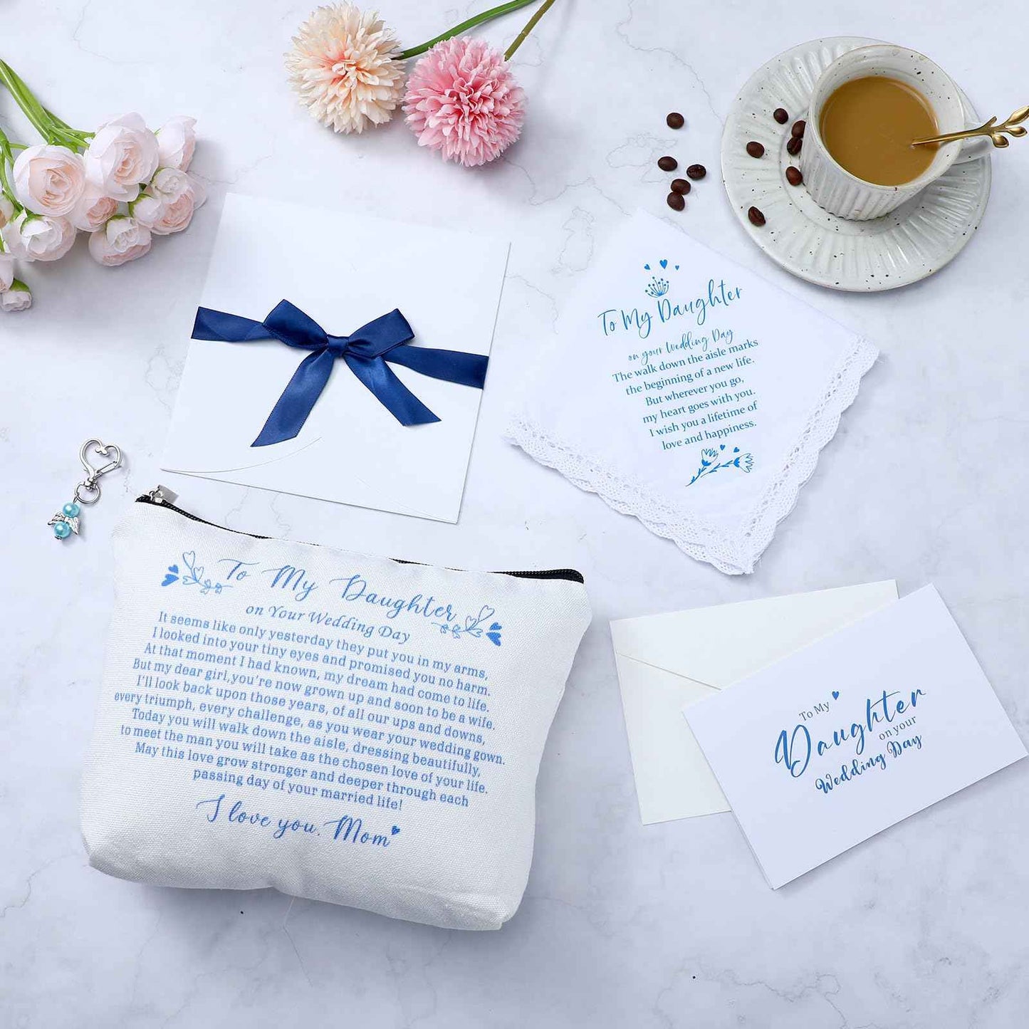 SilTriangle 6 Pcs Wedding Gift to Daughter from Mother Include Embroidered Handkerchief Bride Angel Charms Card Makeup Bag Petal Envelope Blank Envelope for Wedding Day Bridal Shower Keepsake