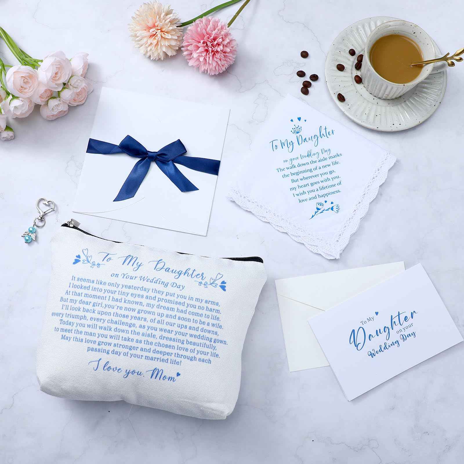 SilTriangle 6 Pcs Wedding Gift to Daughter from Mother Include Embroidered Handkerchief Bride Angel Charms Card Makeup Bag Petal Envelope Blank Envelope for Wedding Day Bridal Shower Keepsake