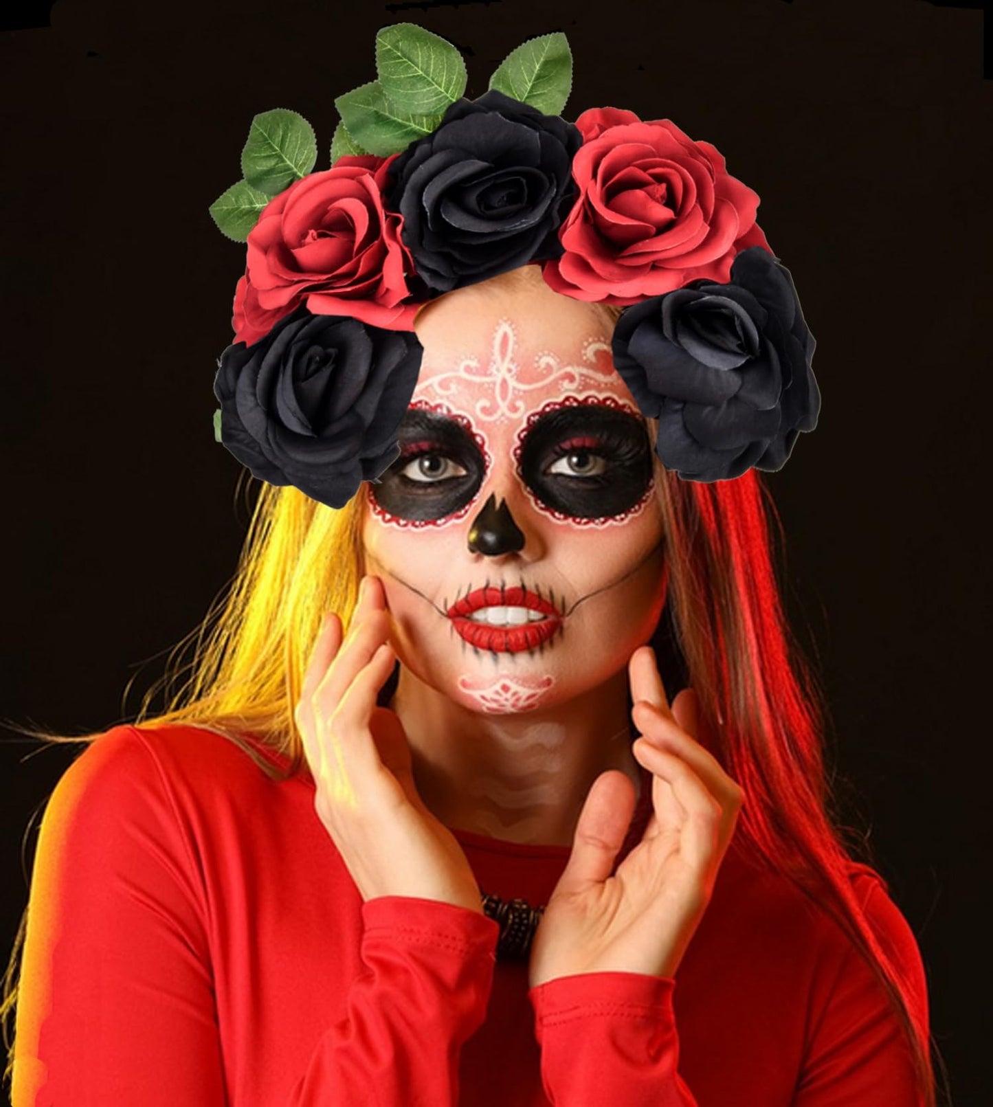 June Bloomy Day of the Dead Headpiece Halloween Costume Headpiece Mexican Floral Crown Rose Headband(Leaf Red Black)