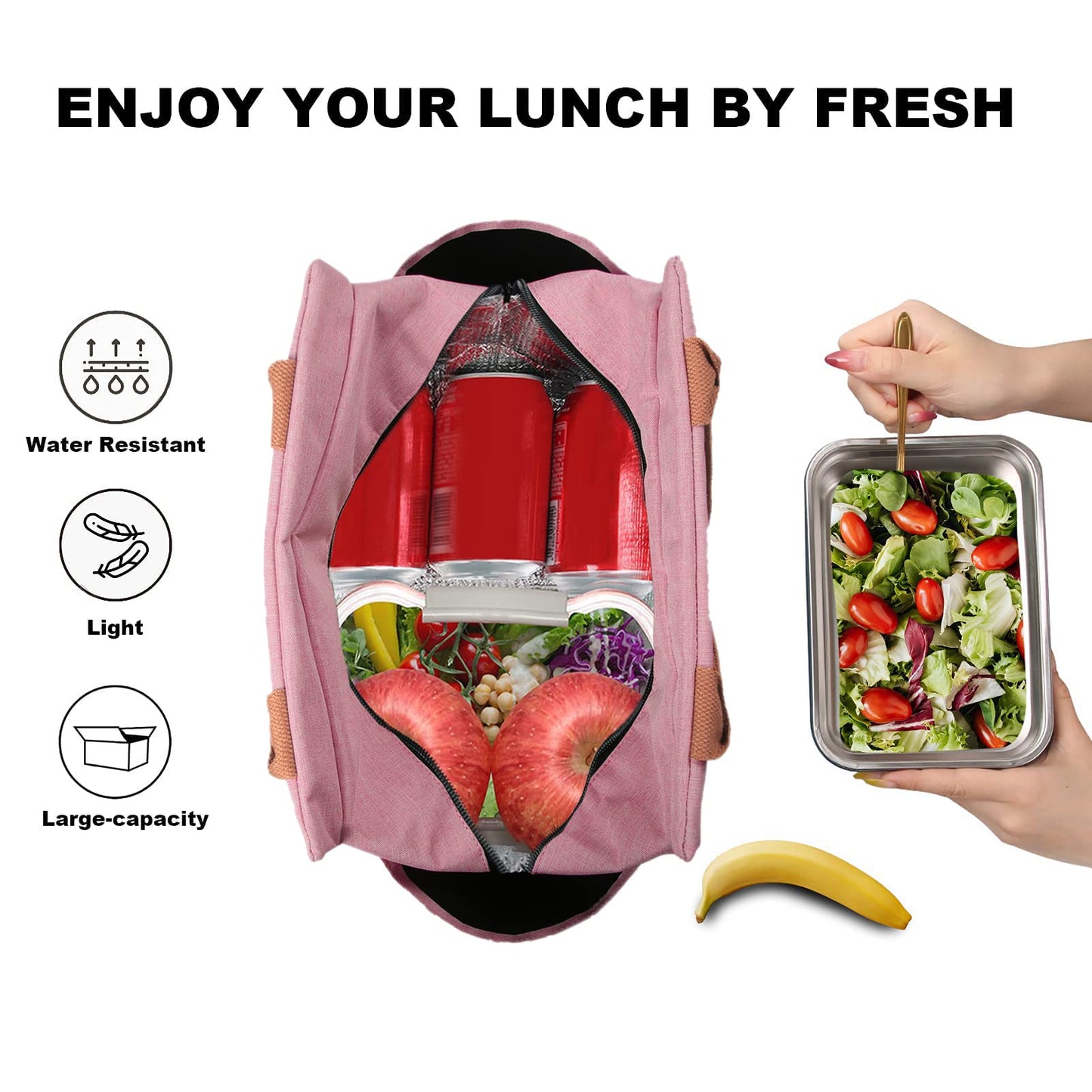 Joymee Lunch Bag Women Insulated Lunch Box Reusable Leakproof Large Spacious Cooler Tote for Womens Mens Adults with Bottle Holder and Side Pockets for Work Office Travel Picnic - Light Pink