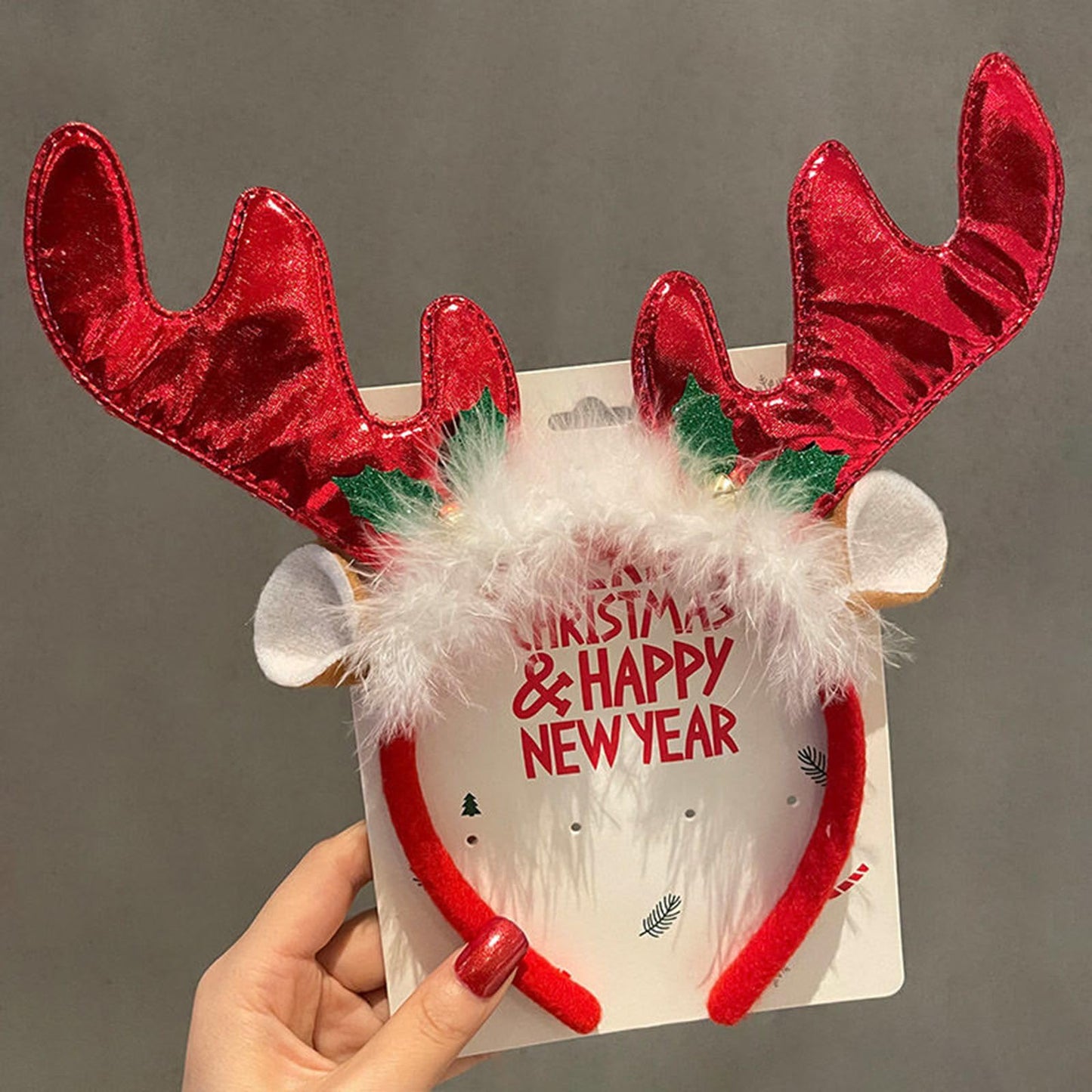 Christmas Headband Red Antler Headband Cute Deer Ears &White Fluff Hair Hoop Christmas Party Birthday Cosplay Photo Props Head Wear Gifts Hair Accessories for Winter Christmas Holiday Party Headdress