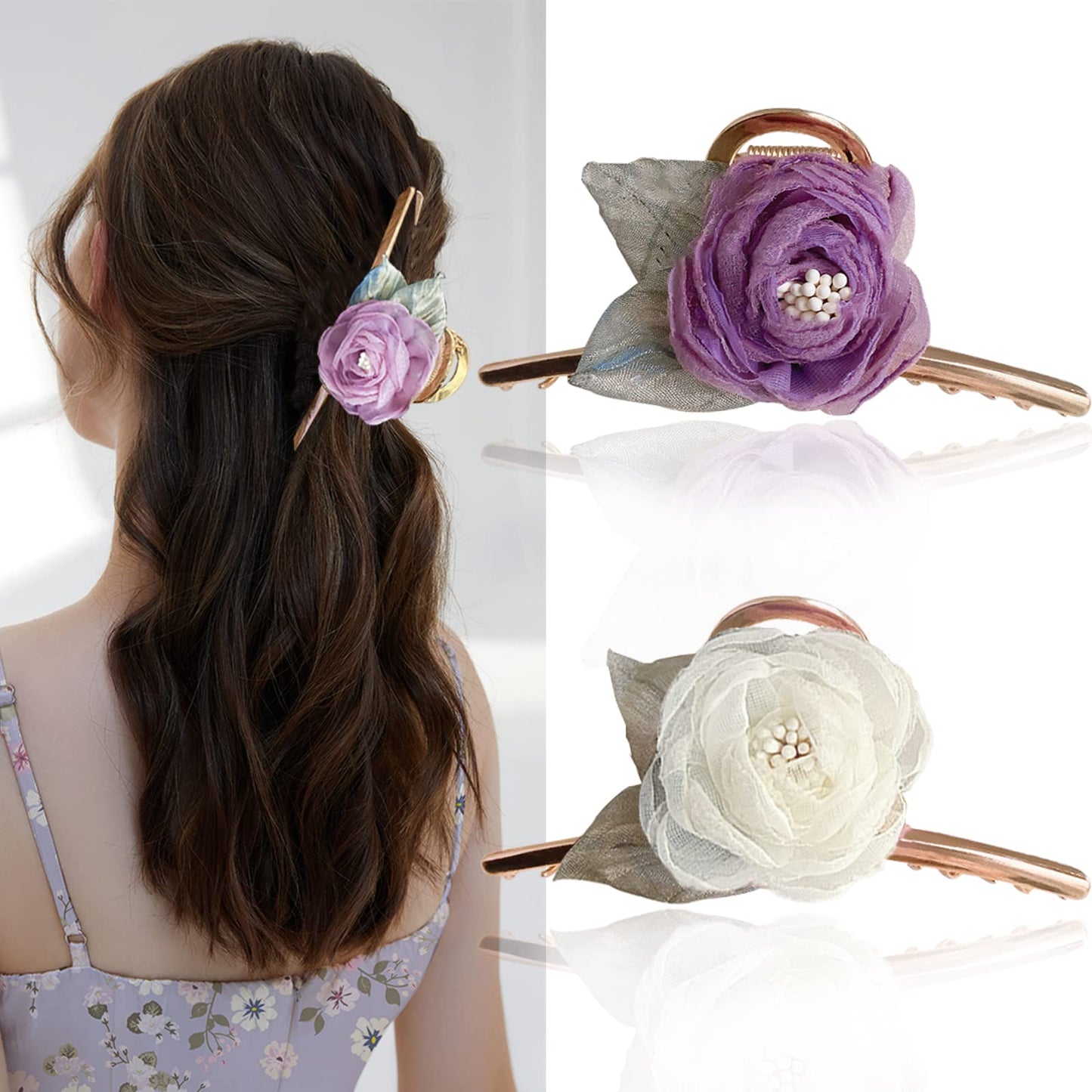 Fuyunohi Flower Clips, Large Flower Hair Clips Jaw Clips Hair Claws for Women (Purple/White Mesh Rose)