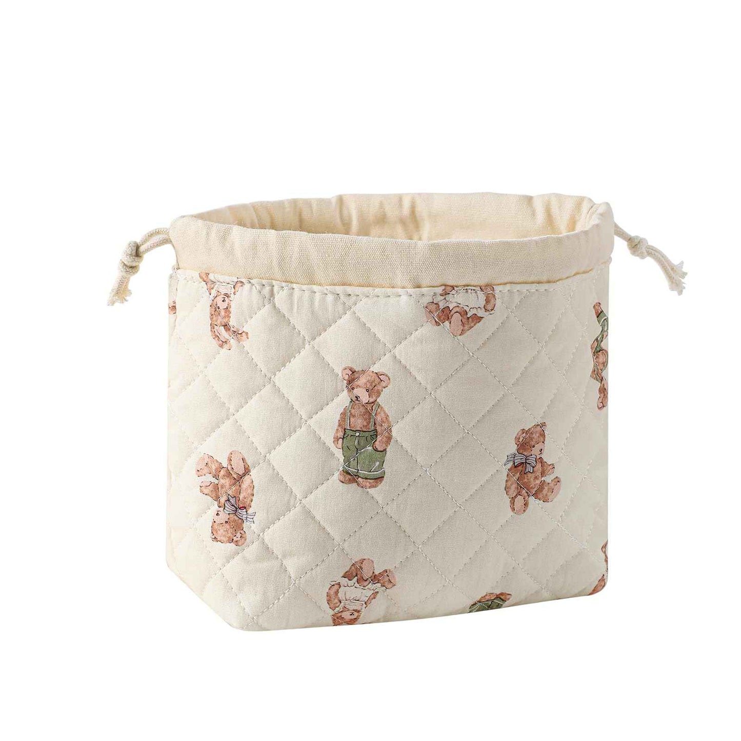 Cotton Quilted Drawstring Makeup Bag with Canvas Lining,Coquette Aesthetic Cute Travel Toiletry Bag,Drawstring Gift Bag for Women and Girls（04White Bear）