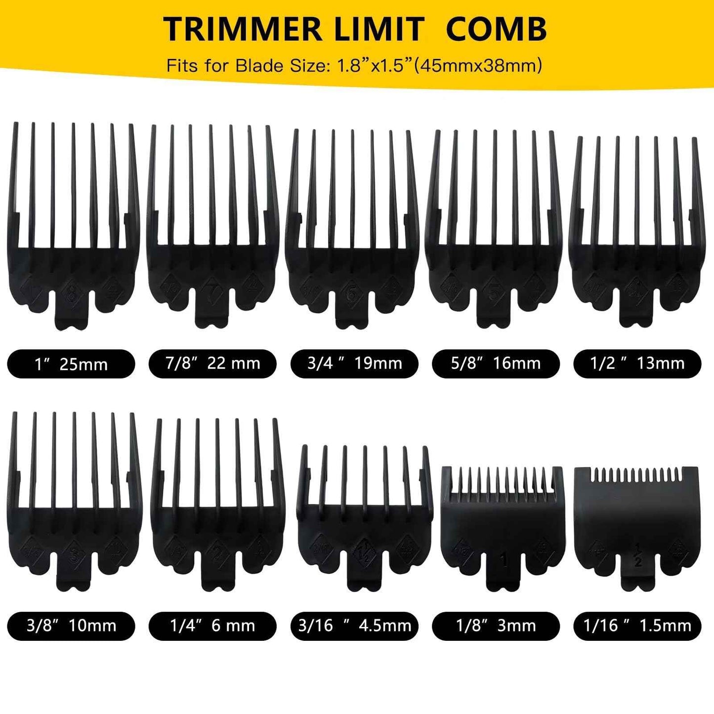 WELURE 10Pcs Clipper Guards Set Replacement for Limural K11S/ Novah HCL-001/ Surker K7S/K9C/K9S - 1/16" to 1" - Black