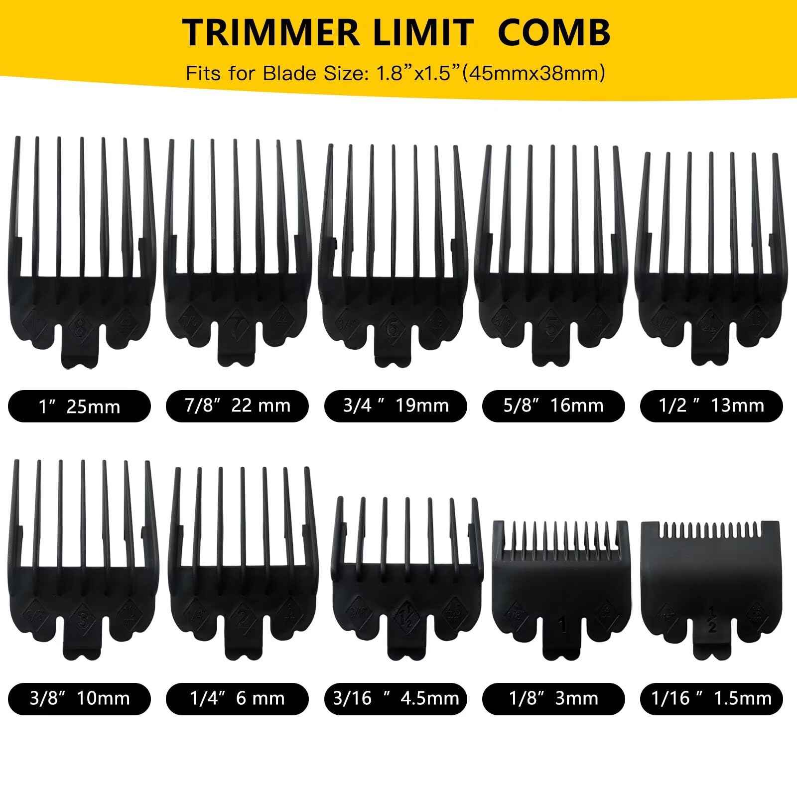 WELURE 10Pcs Clipper Guards Set Replacement for Limural K11S/ Novah HCL-001/ Surker K7S/K9C/K9S - 1/16" to 1" - Black