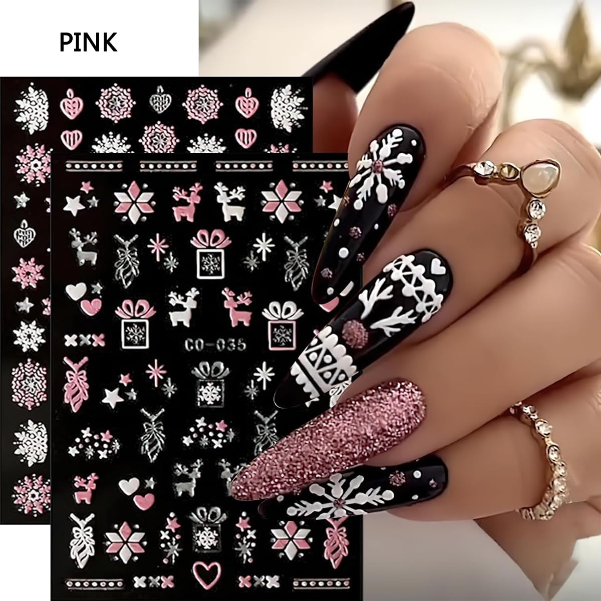 12 Sheets Christmas Nail Art Stickers 5D Self-Adhesive Pink Snowflake Nail Decals Xmas Bell Elk Nail Art Design Stickers Winter Holiday Nail Stickers for Women Girls DIY Acrylic Manicure Supplies