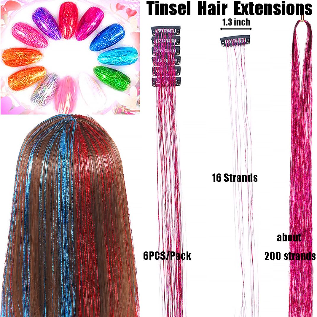 6pcs Hair Tinsel Clip in Rainbow Fairy Hair Tinsel Kit 20Inch Glitter tinsel Hair Extensions Clip in Hair Tinsel for Christmas New Year Halloween Party Sparkly Hair Accessories for Women Girls (Rose)