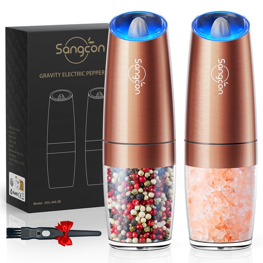 Sangcon Gravity Electric Pepper and Salt Grinder Set Automatic Shakers Mill Grinder with LED Light, Battery Powered Adjustable Coarseness One Hand Operation, Upgraded Larger Capacity