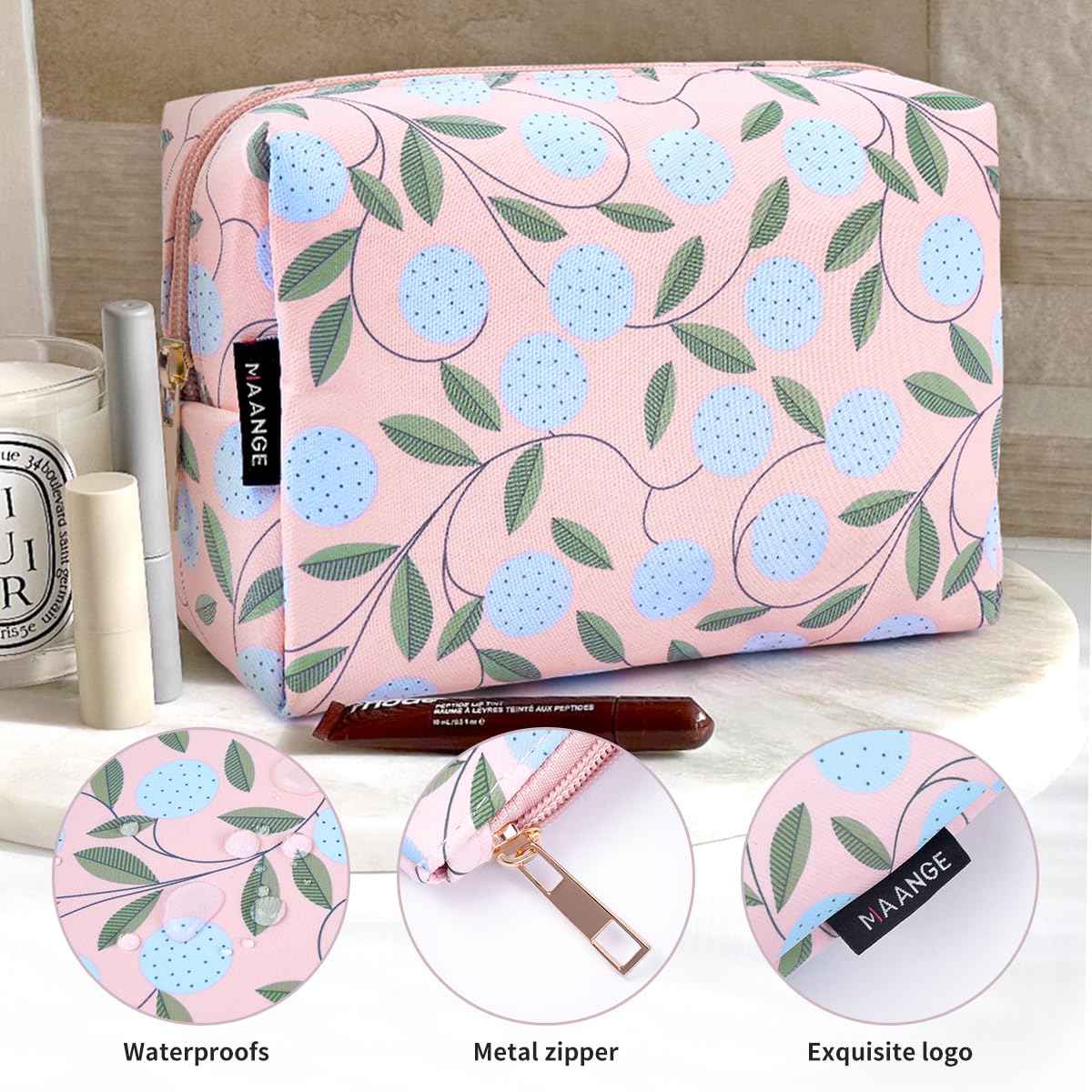 MAANGE Small Makeup Bag For Purse, Travel Cosmetic Bag Cute Makeup Pouch Portable Versatile Zipper Pouch For Women Oxford Fabric Preppy Makeup Bag