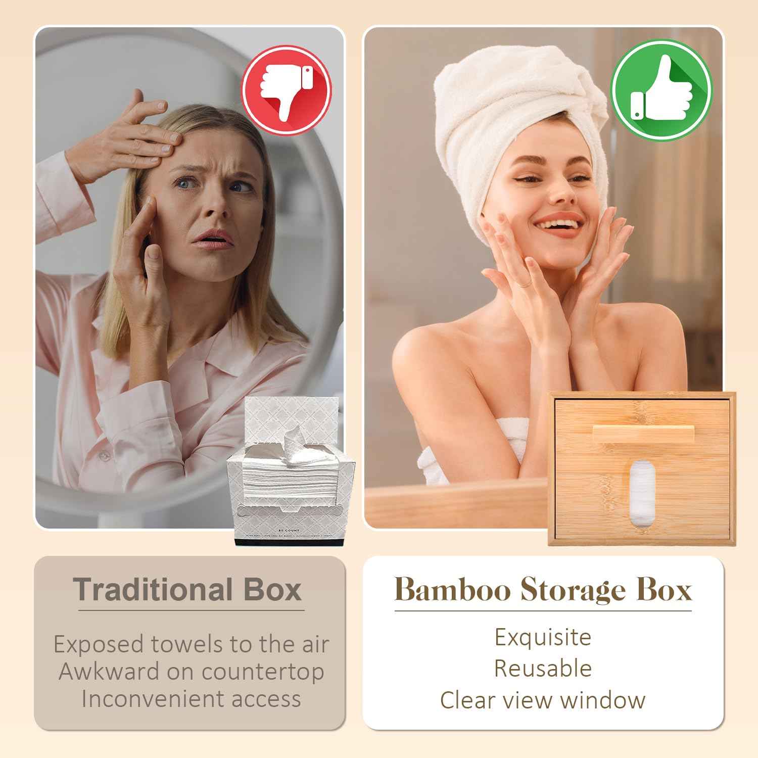 Catekro Bamboo Desk Organizer for Face Towel, Disposable Face Towel Storaged with Luxe Bamboo Box, Bamboo Box Multifunctional Bamboo Storage Box for Facial Towels