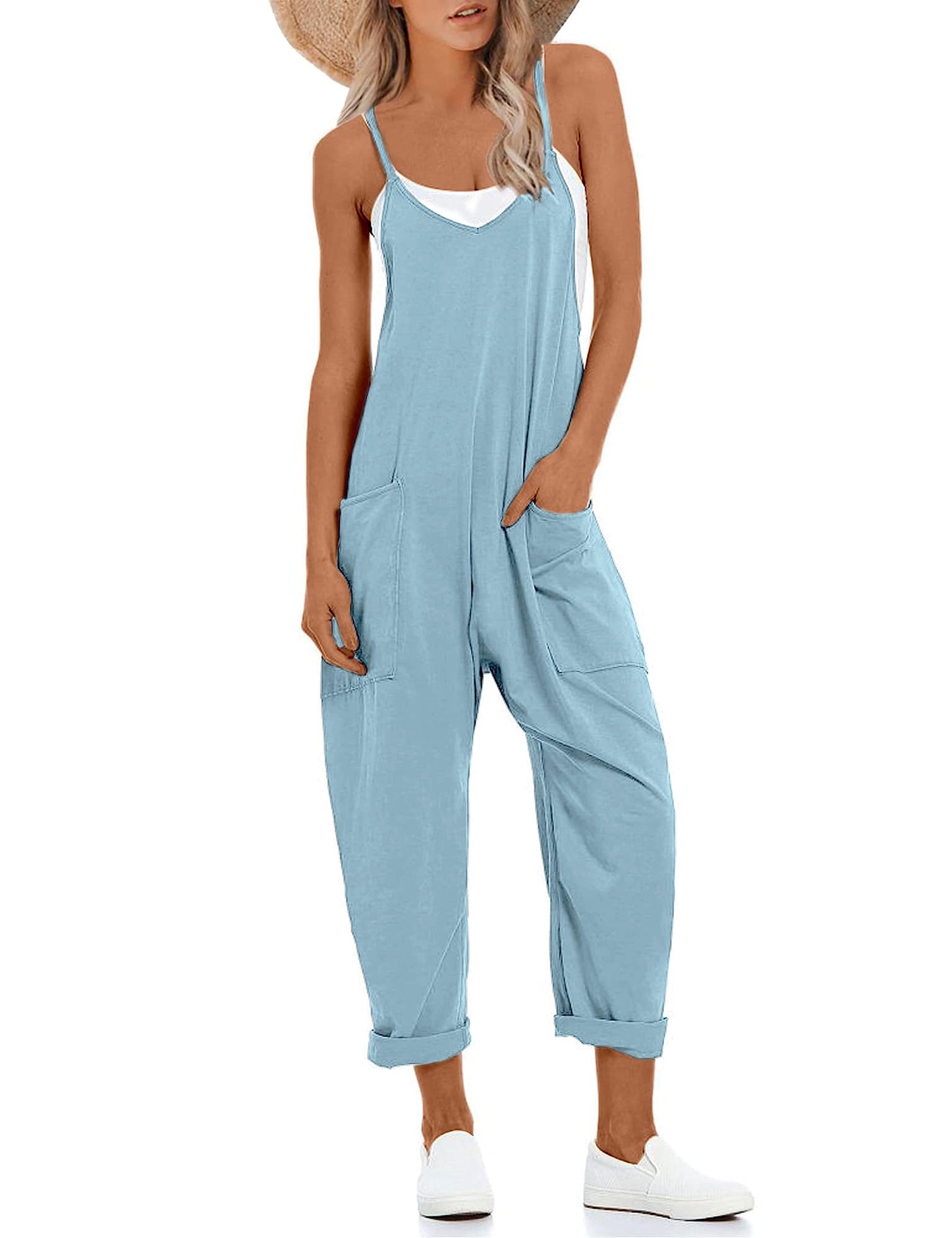 Lentta Women's Causal Jumpsuits V Neck Sleeveless Harem Overalls Stretchy Adjustable Strap Romper with Pockets(LightBlue-S)