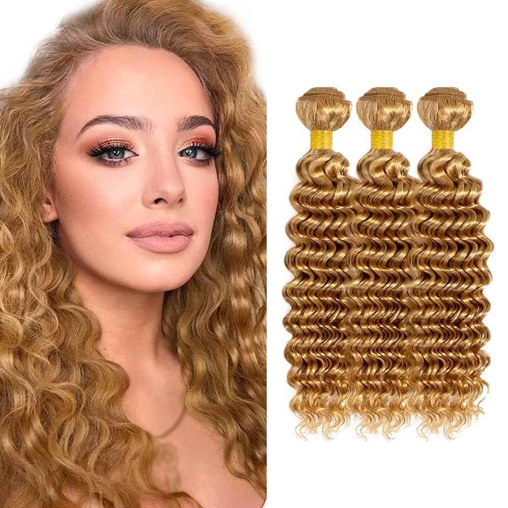 #27 Honey Deep Wave Human Hair Bundles 3 Bundles Deep Wave Hair Brazilian Virgin Human Hair Extensions Unprocessed Hair Bundles for Women 16 18 20 Inch
