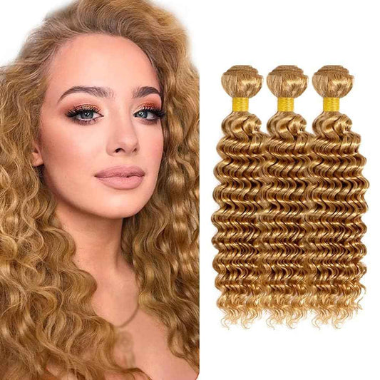 #27 Honey Deep Wave Human Hair Bundles 3 Bundles Deep Wave Hair Brazilian Virgin Human Hair Extensions Unprocessed Hair Bundles for Women 16 18 20 Inch