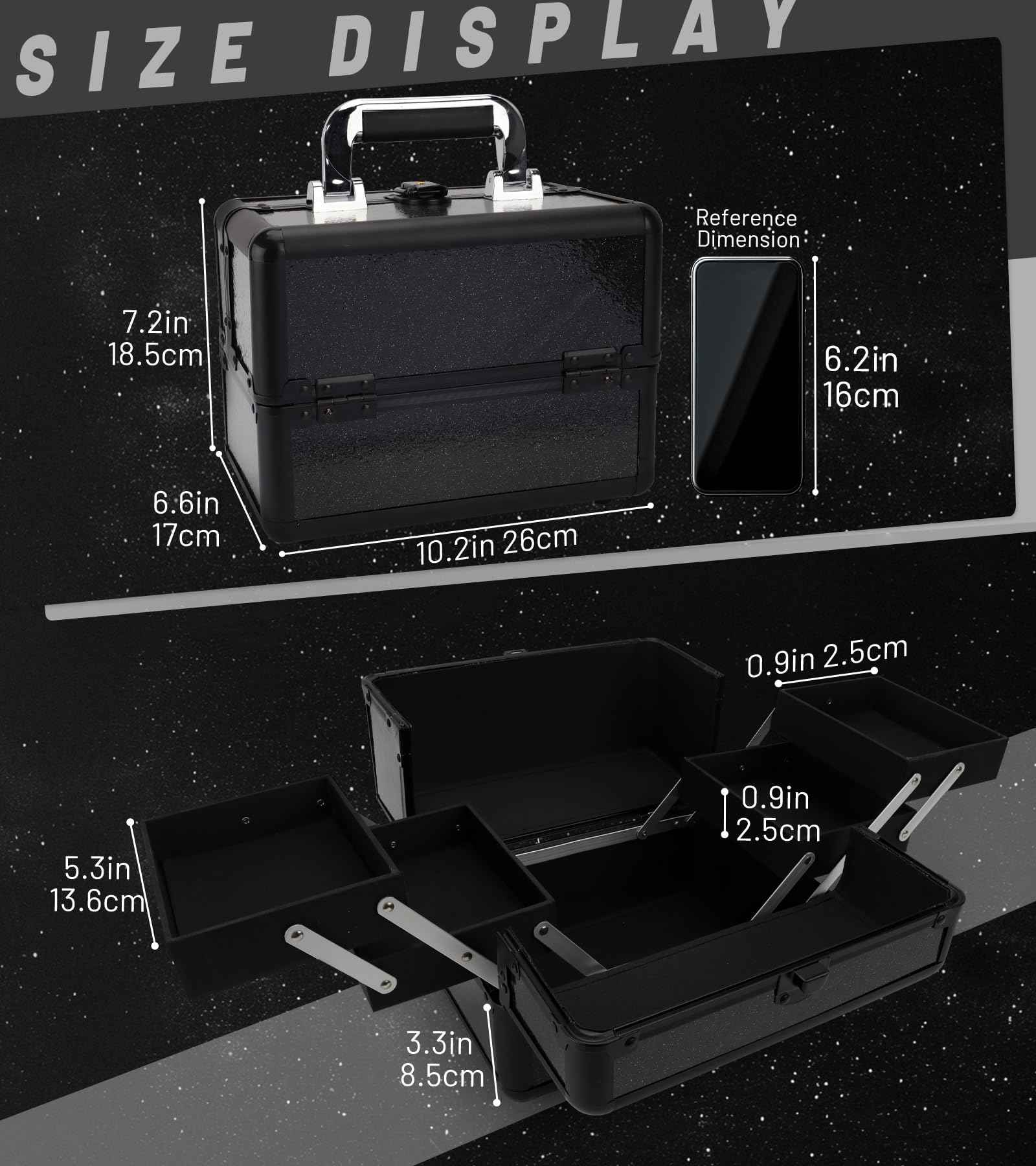 HAISKY Large Makeup Train Case Cosmetic Organizer Case Makeup Box Portable Make Up Artist Travel Case with 4 Trays with Dividers Lockable Hard Train Case Nail Tech Supply Storage - Starry Black