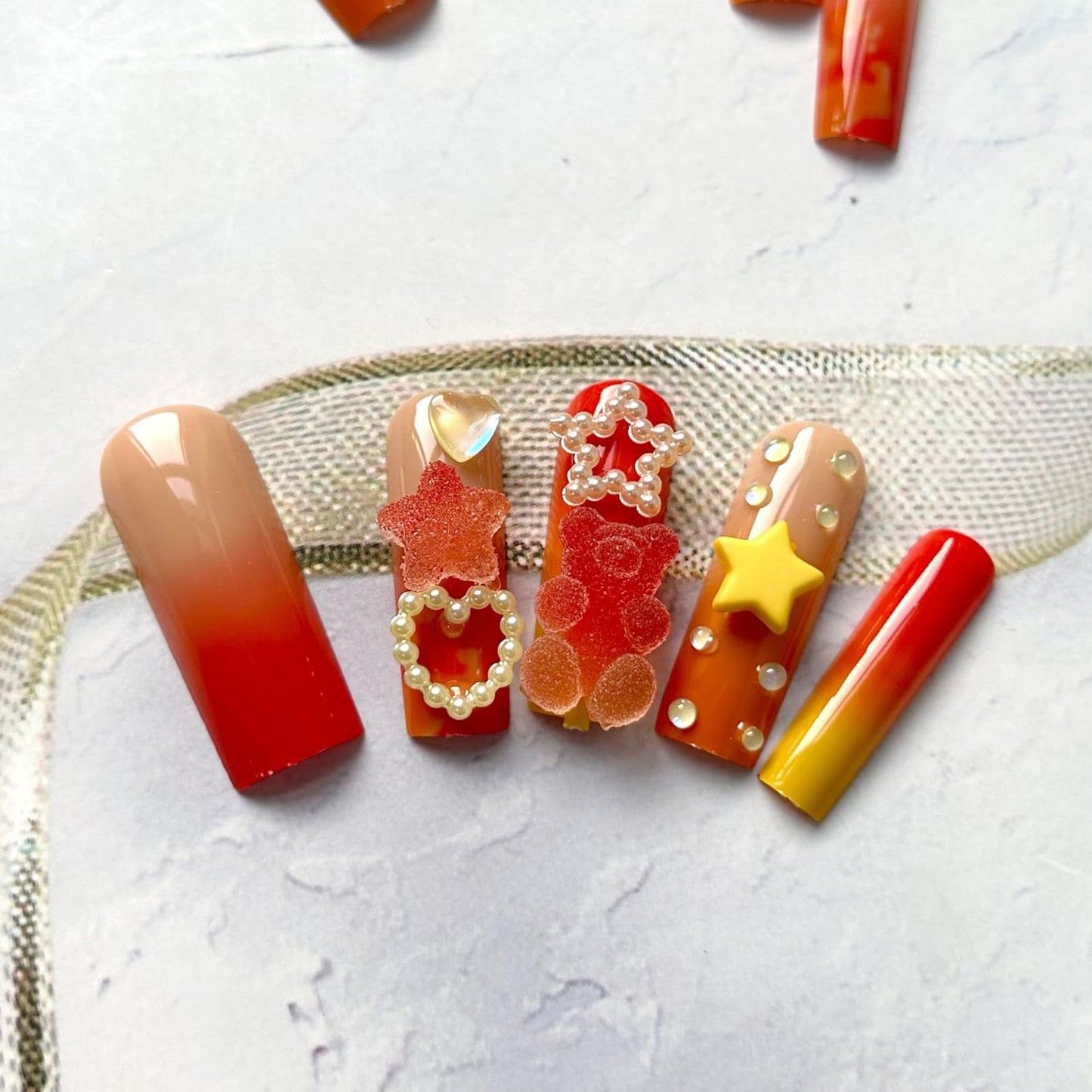 24Pcs Long Press on Nails Orange and Red Fake Nails Cute Bear & Candy Design False Nails 3D Cartoon Acrylic Nails Reusable Stick on Nails Jelly Press on Nails for Women and Girls Nail Art Decoration