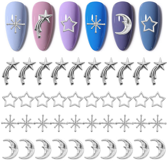 WOKOTO 40pcs Silver Stars Moons Nail Charms for Acrylic Nails Polestar Meteor Moons Nail Jewels for Nail Art DIY Decorations for Women Nail Star Charms for Nails 3D Moons Charms Nail Art Jewelrys