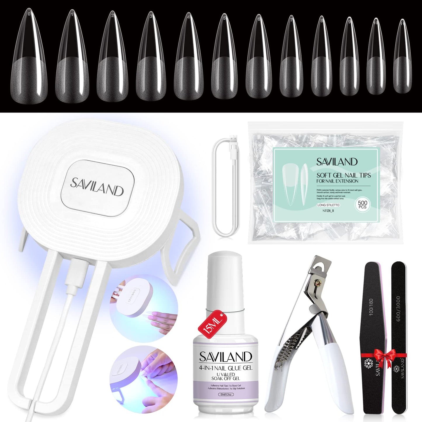 SAVILAND Gel x Nail Kit with Upgraded Nail Lamp, 4 In 1 Nail Glue Gel with 500pcs Long Stiletto Nail Tip and Curing Lamp Acrylic Nail Tools Extension Set Nail Art DIY Manicure Home Salon Gift