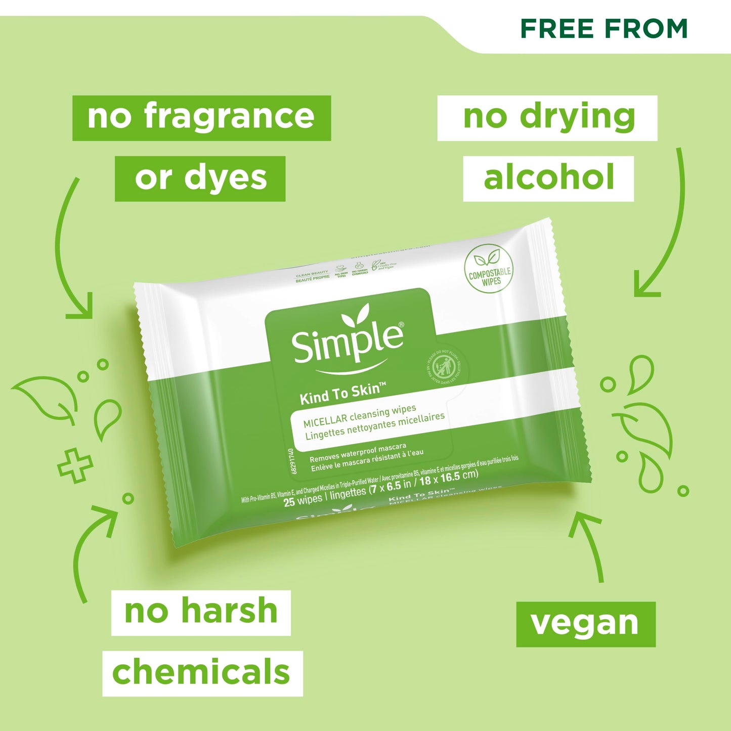 Simple Kind to Skin Cleansing Wipes Gentle and Effective Makeup Remover Micellar Free from color and dye, artificial perfume and harsh chemicals 25 Wipes