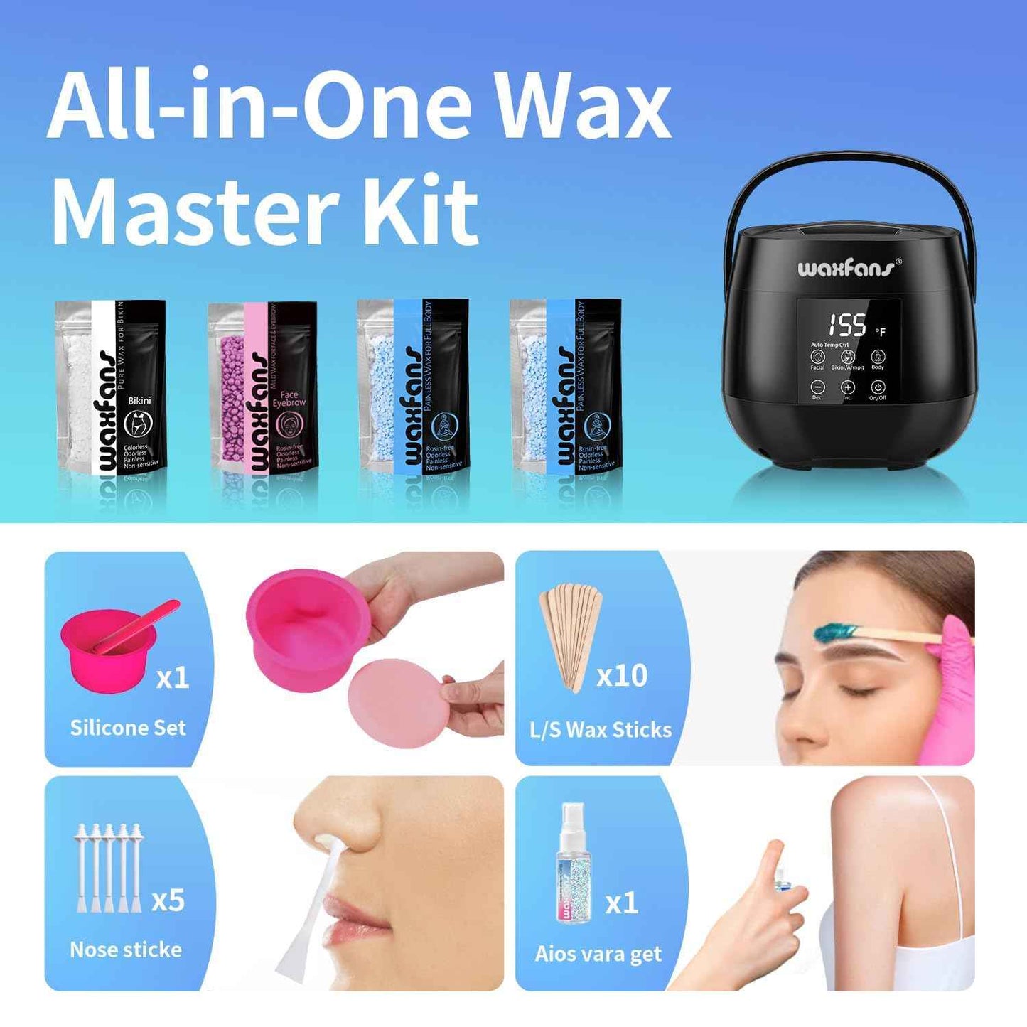 Smart Waxing Kit for Women with Temperature Control,Waxfans Digital Wax Warmer,Gentle Wax Beads for Sensitive Skin,For Brazilian, Bikini, Facial, and Body Hair Removal, at Home Waxing Kit for Women