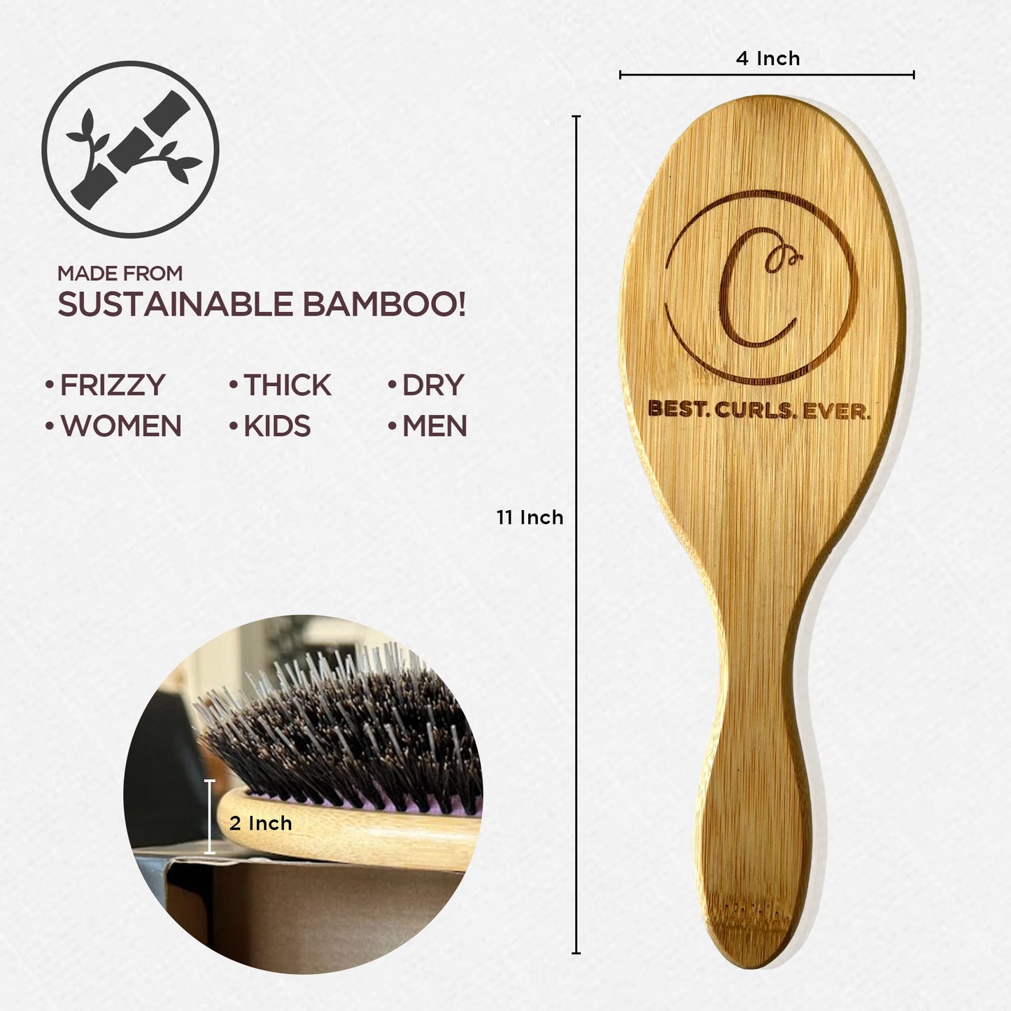 Controlled Chaos Boar Bristle Hair Brush–Wooden Bamboo Hair Brush for Women & Men, Detangling Brush for Any Hair Type-Eco Friendly Curly Hair Brush