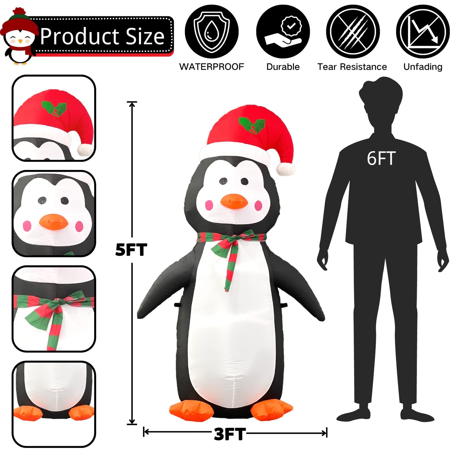 Buheco Penguin Inflatable Christmas yard decorations Blowups 5ft Tall Cute Penguin Inflatables Outdoor Xmas Winter Animal Blow Up Decor Led Lights for Indoor Outside Lawn Garden Vacation Holiday Party