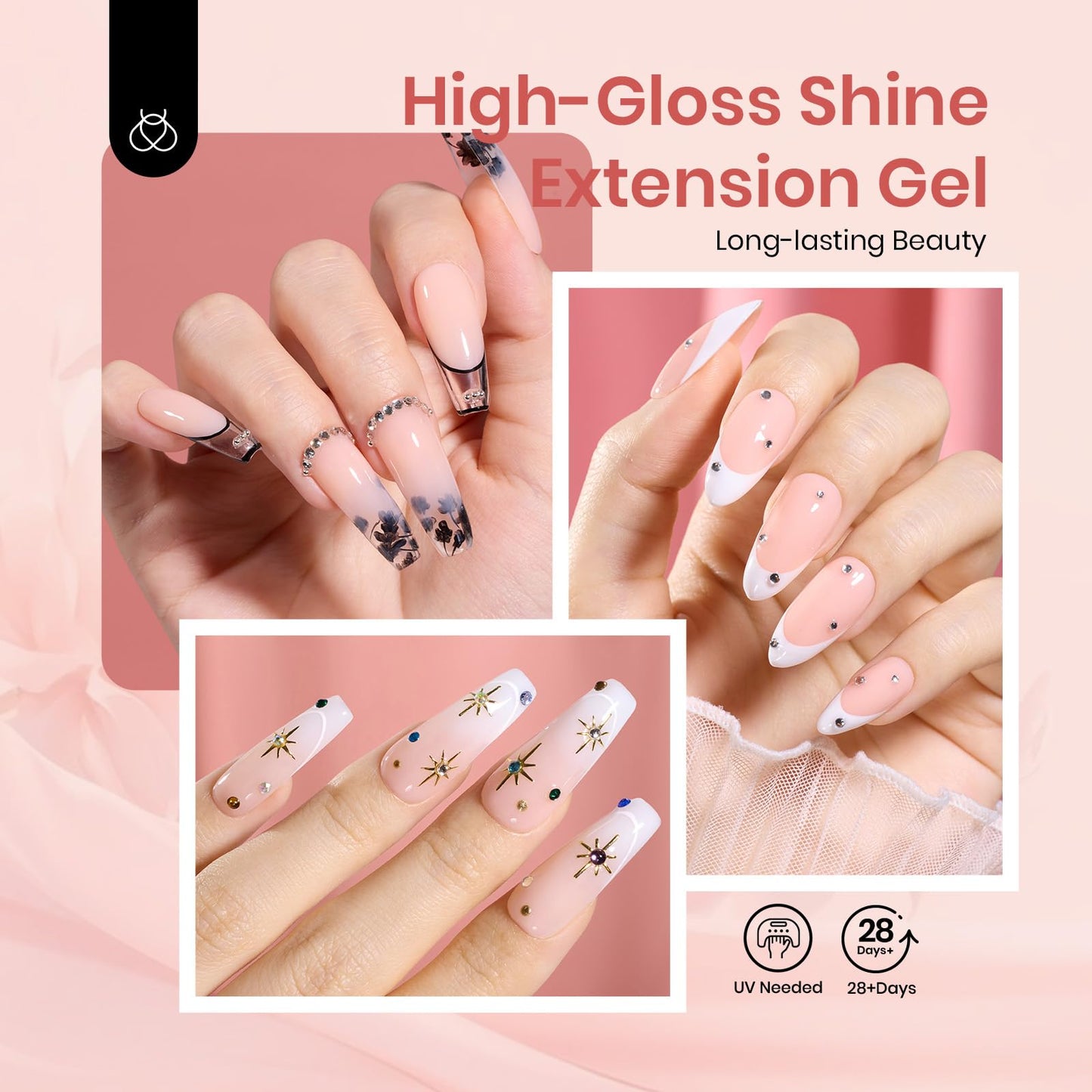 Beetles Poly Extension Gel Nail Kit 3 Colors Nude Clear White Poly Nail Gel with Nail Tips Slip Solution All-in-One Nail Builder Gel DIY French Nail Art Design Beginner Kit