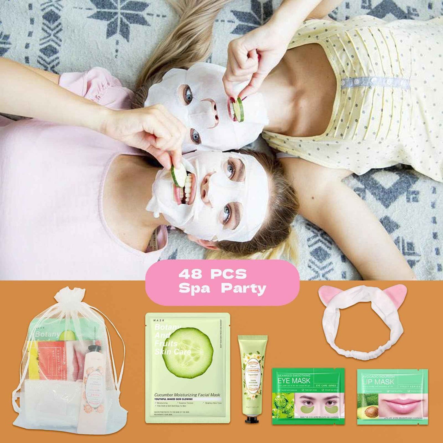 48 Pcs Spa Party Supplies for Girls, Facial Masks,Under Eye Patches,Hand Cream, Lip mask,Headband and Organza Bags, Spa Party Favors, Home Spa Kit Sleepover Set,Gifts for Women Sleepover Party Favors