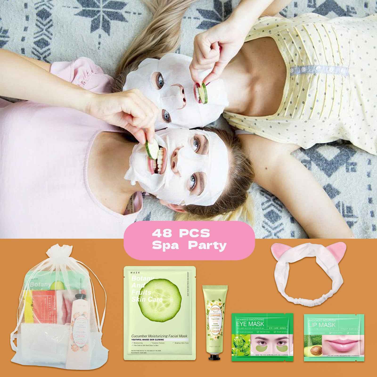 48 Pcs Spa Party Supplies for Girls, Facial Masks,Under Eye Patches,Hand Cream, Lip mask,Headband and Organza Bags, Spa Party Favors, Home Spa Kit Sleepover Set,Gifts for Women Sleepover Party Favors