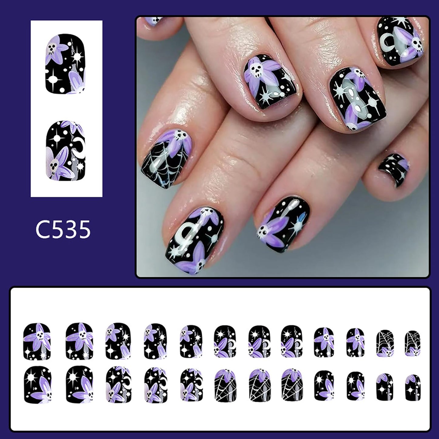 Halloween Press on Nails Short Square Fake Nails Black False Nails with Cute Skull Spider Web Designs Full Cover Glossy Acrylic Nails for Women Halloween Manicure Art 24 Pcs