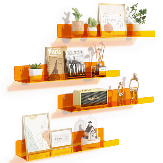 upsimples 4 Pack Acrylic Shelves for Wall Storage, 15" Floating Bookshelves for Kids, Display Shelf Organizer for Bathroom, Bedroom, Living Room, Kitchen, Room Decor, Clear Orange