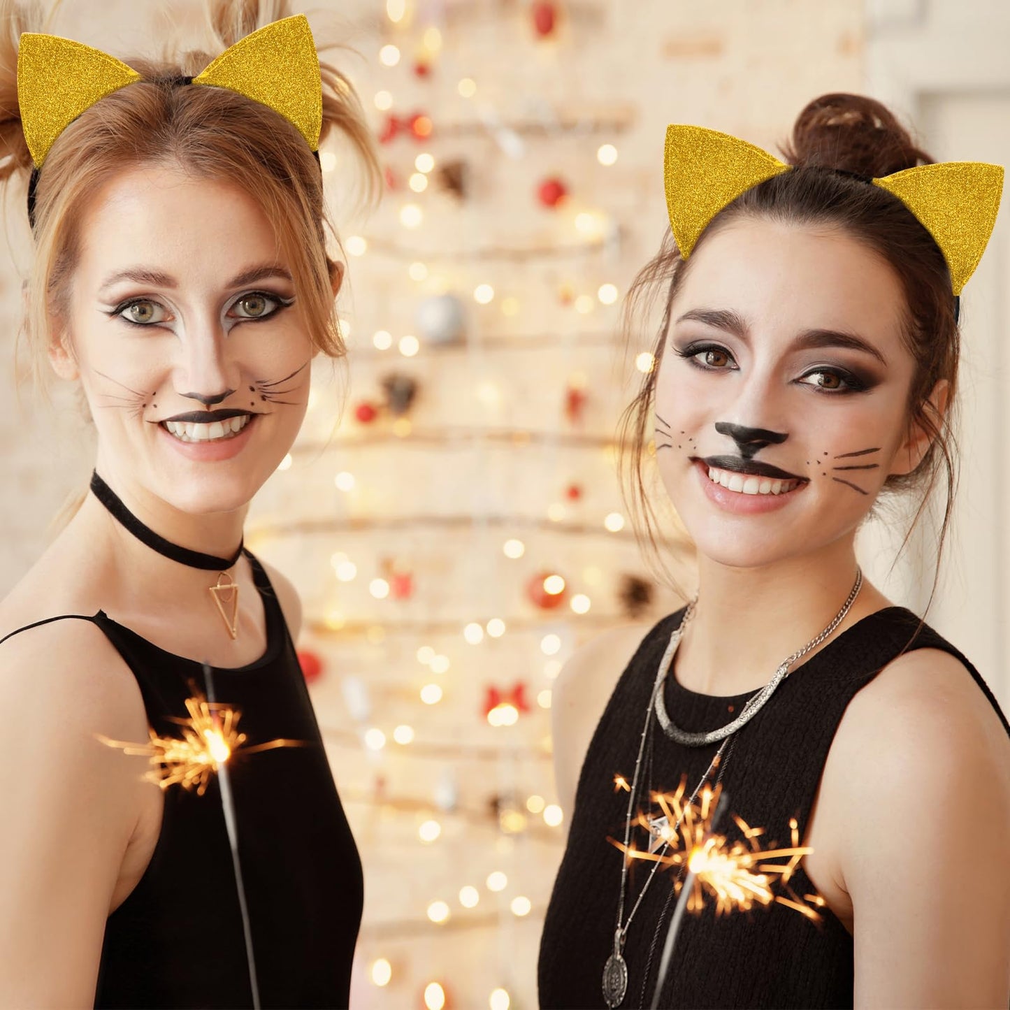 Cat Ears Headband for Women Girls - Cute Sparkle Glitter Hairband Halloween Cosplay Cat Costume Hair Accessories for Adult Kids Birthday Daily Wear Gold