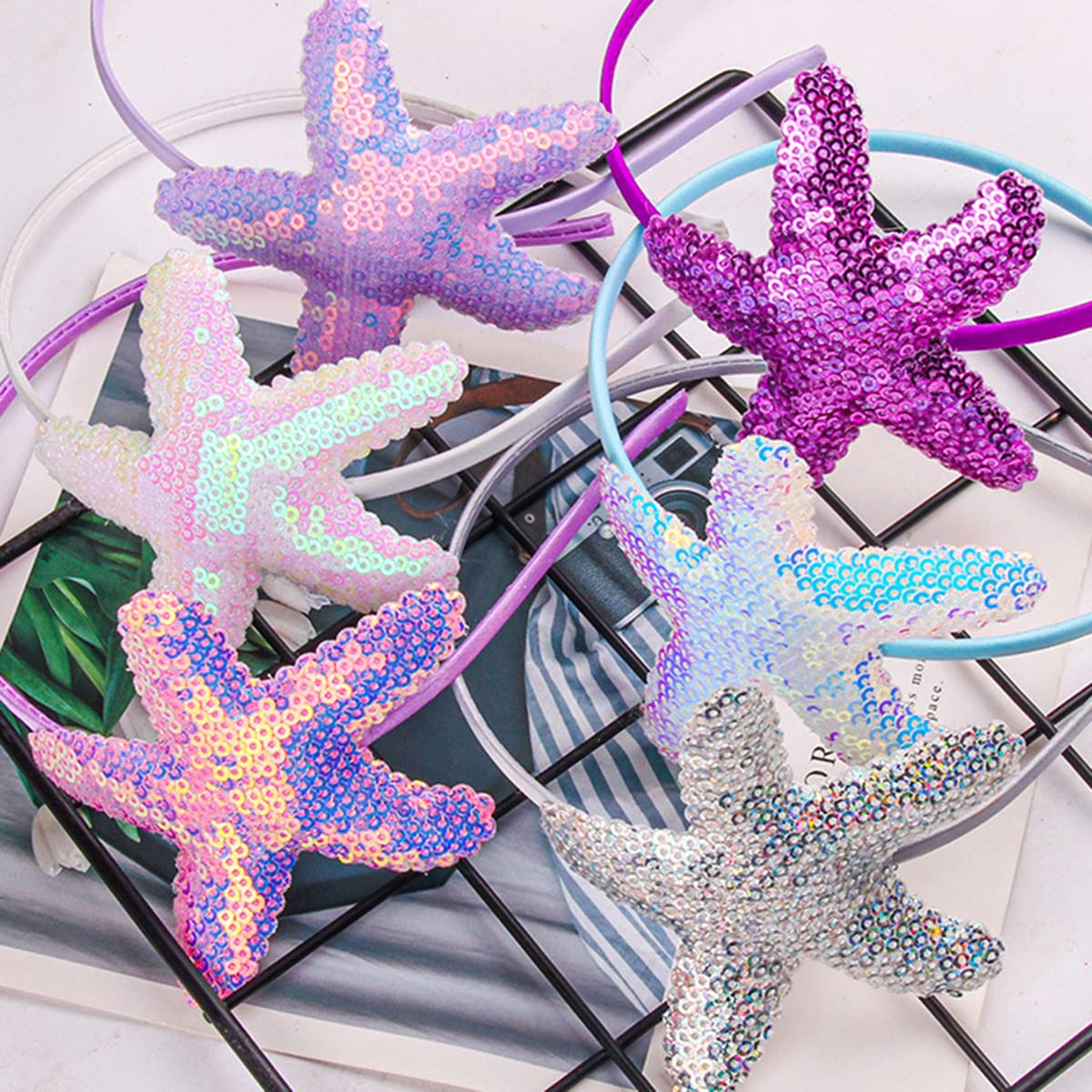 Star Headband Laser Star Glitter Hair Band Starfish Sequin Hair Accessories Girls Women Birthday Seaside Pool Party (Laser White)