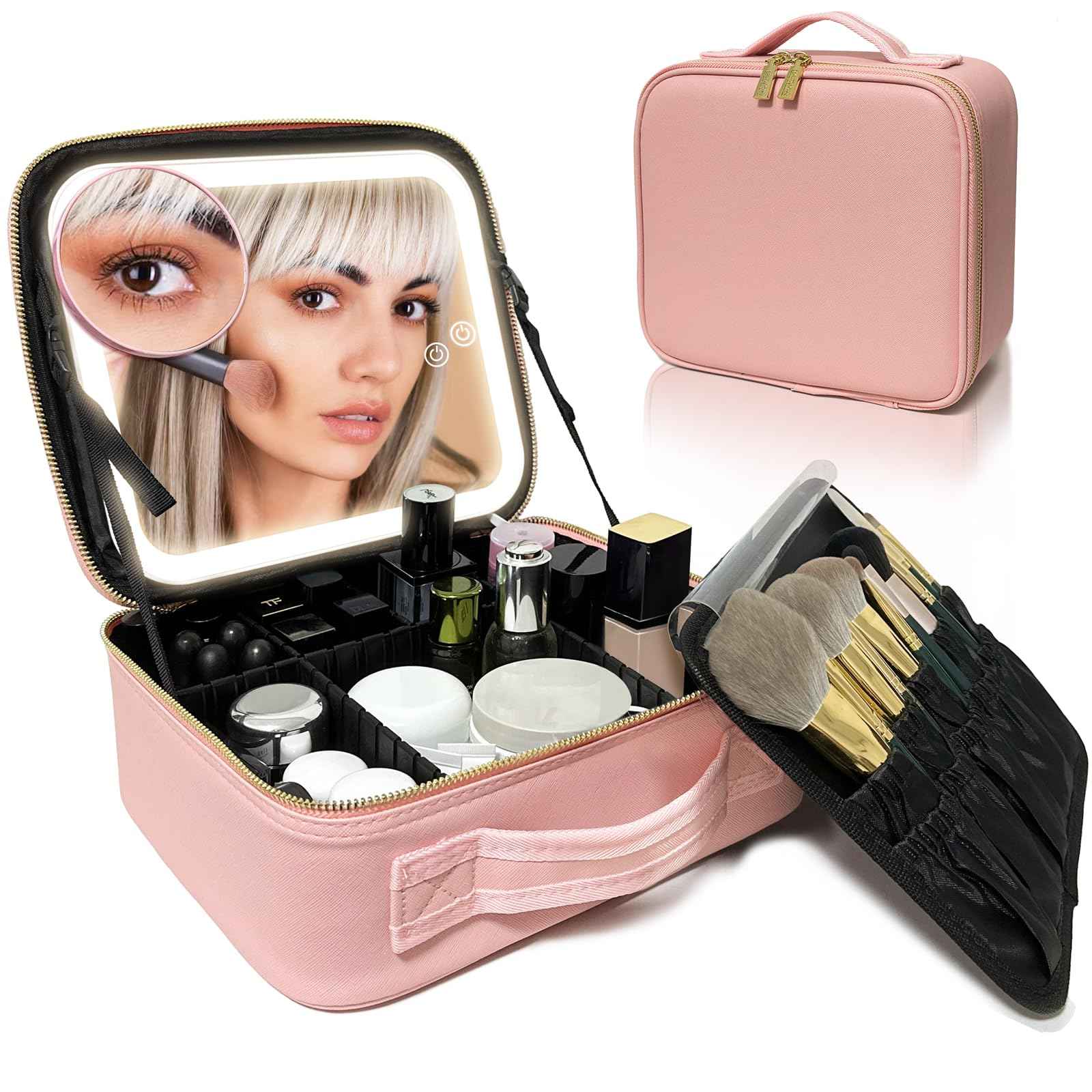 YUSONG Travel Makeup Bag With LED Lighted Mirror, Train Case With Adjustable Dividers and Detachable 10x Magnifying Mirror