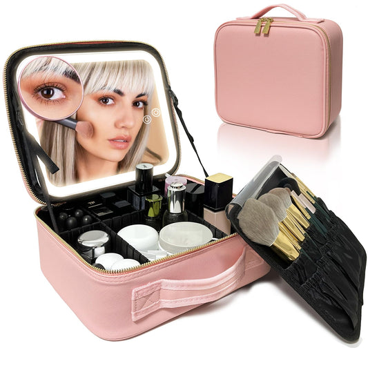 YUSONG Travel Makeup Bag with Mirror of LED Lighted, Makeup Train Case with Adjustable Dividers, Makeup Case with Mirror and Detachable 10x Magnifying Mirror