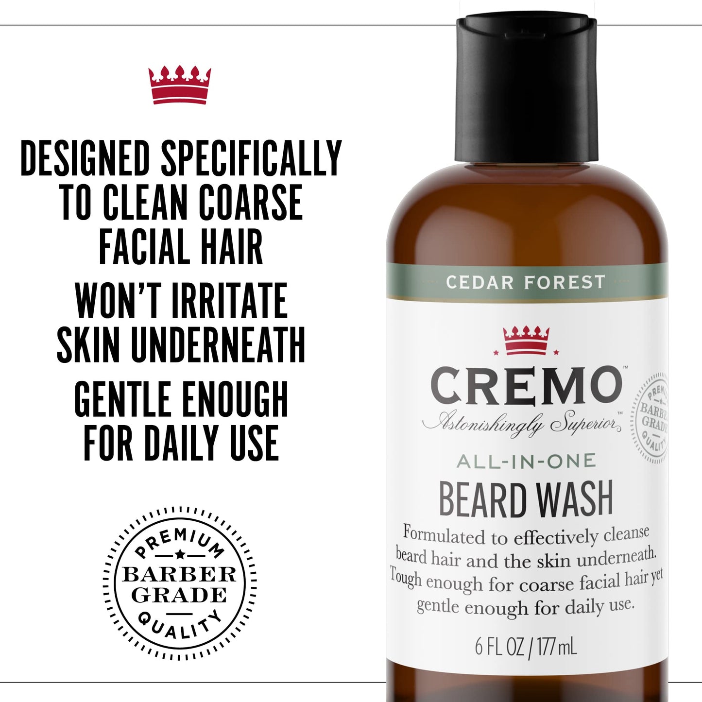 Cremo Cedar Forest All-In-One Beard and Face Wash, Specifically Designed To Clean Coarse Facial Hair, 6 Fluid Oz