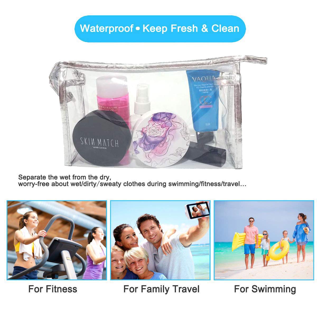 Newraturner Waterproof Cosmetic Bag,Vinyl Zippered Wash Bag Vacation, Bathroom and Organizing Bag Travel Set 5 Pcs