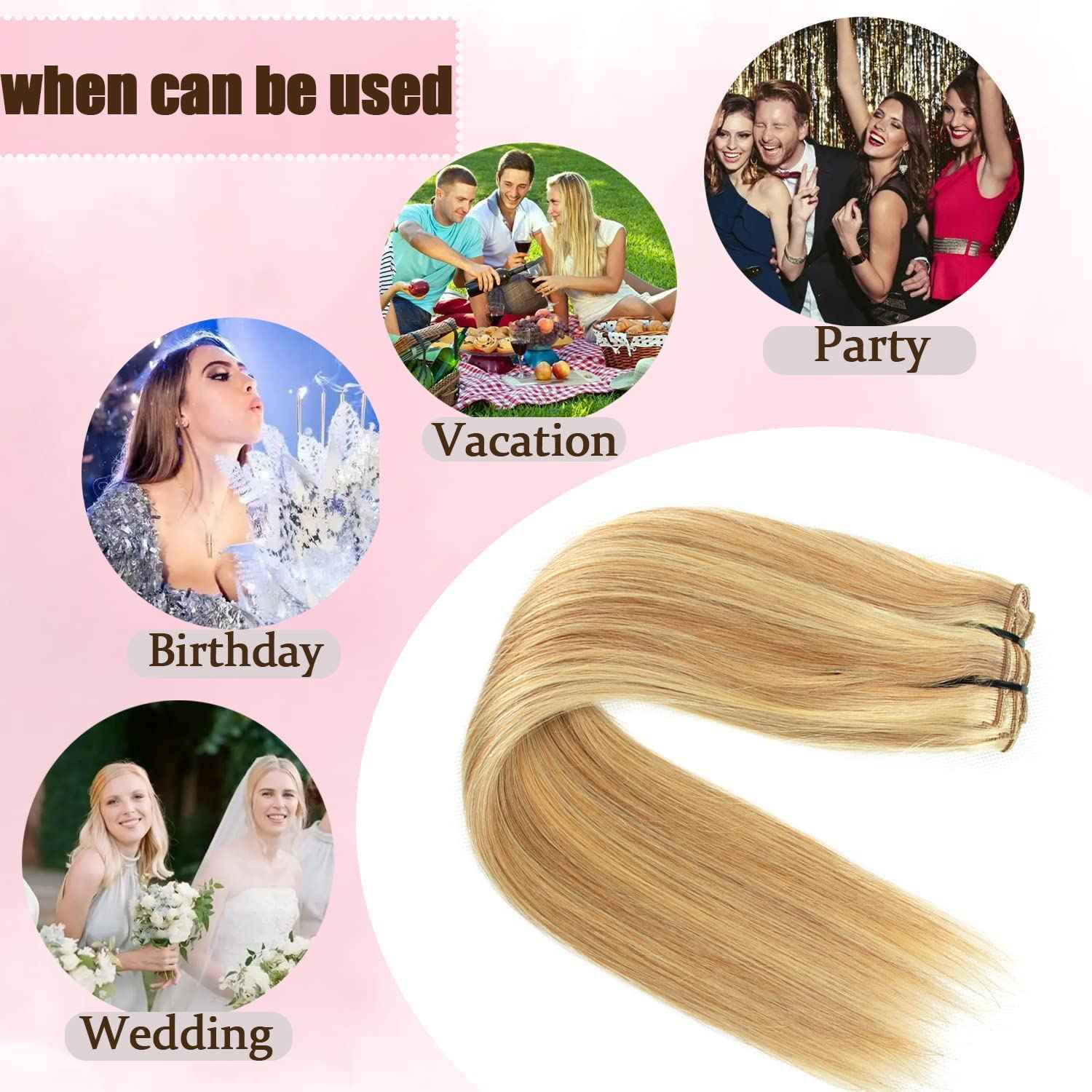 Human Hair Clip in Extensions Dark Blonde Highlighted Bleach Blond Full Head Silky Straight Clip in Natural Remy Human Hair Extensions 120g 8pcs (14 inch, 18/613)